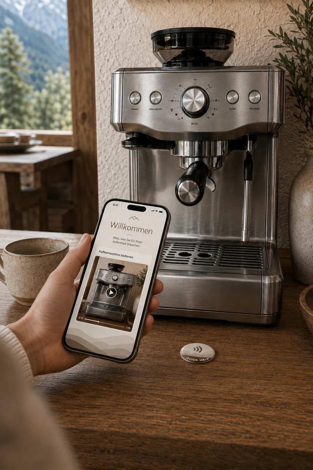 Gast hält das Handy an den NFC-Tag vor der Kaffeemaschine