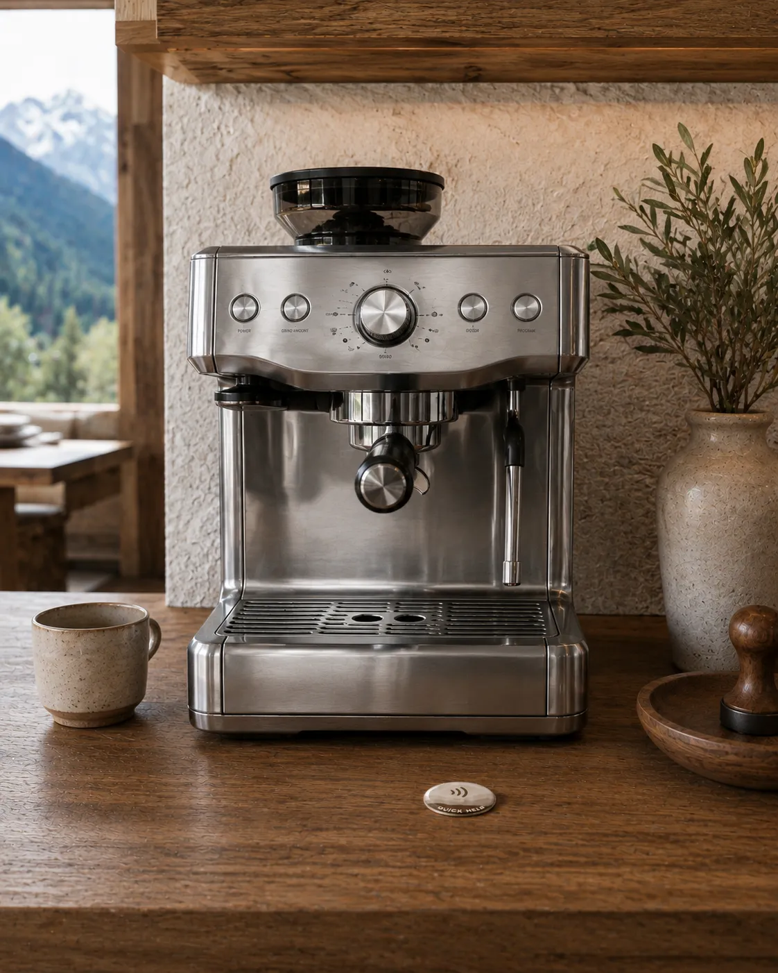 HOLUNO NFC-Tag vor einer Siebträger-Kaffeemaschine